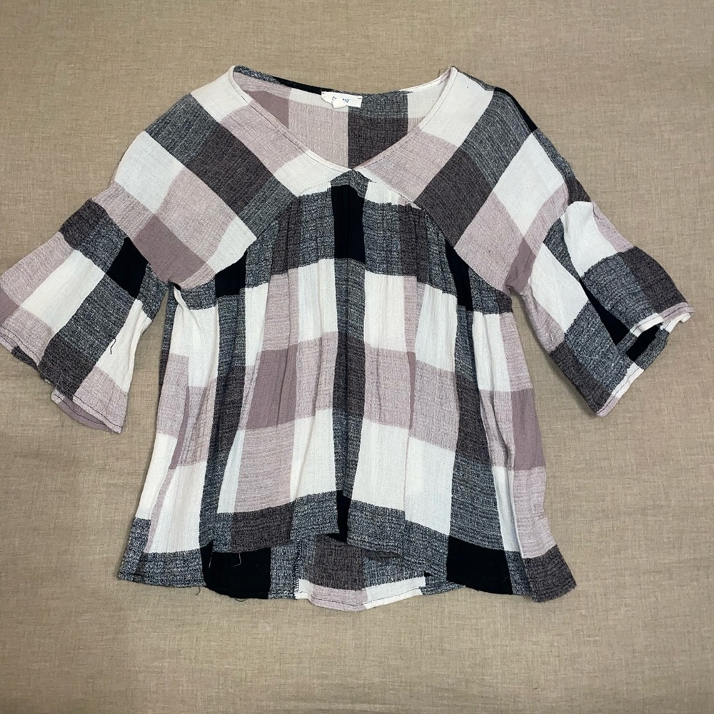 Black, purple and white plaid, the neck blouse